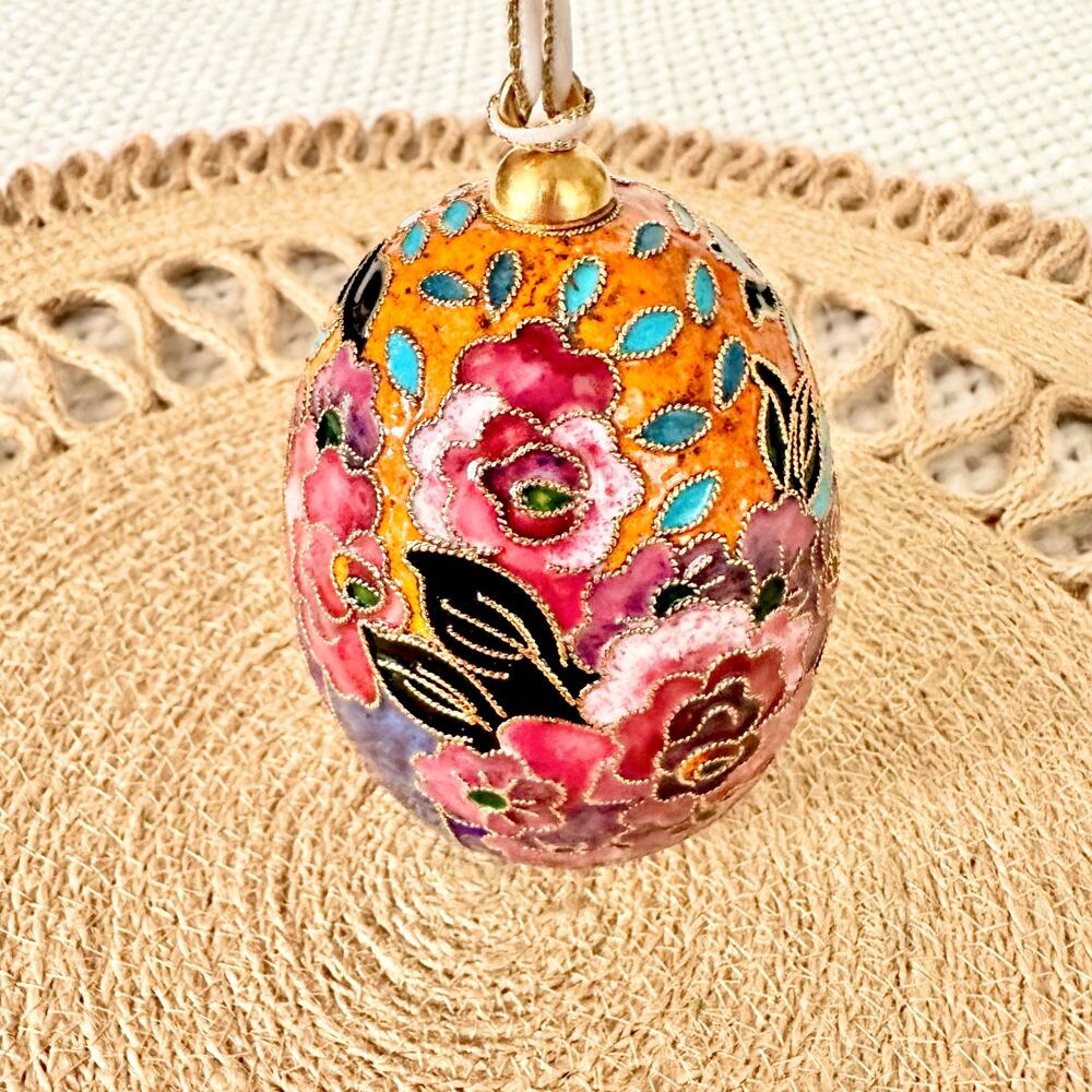 Vintage Orange Blue Pink Floral Cloisonne Egg Ornament Ornate Heavy Artsy - Picture 2 of 6